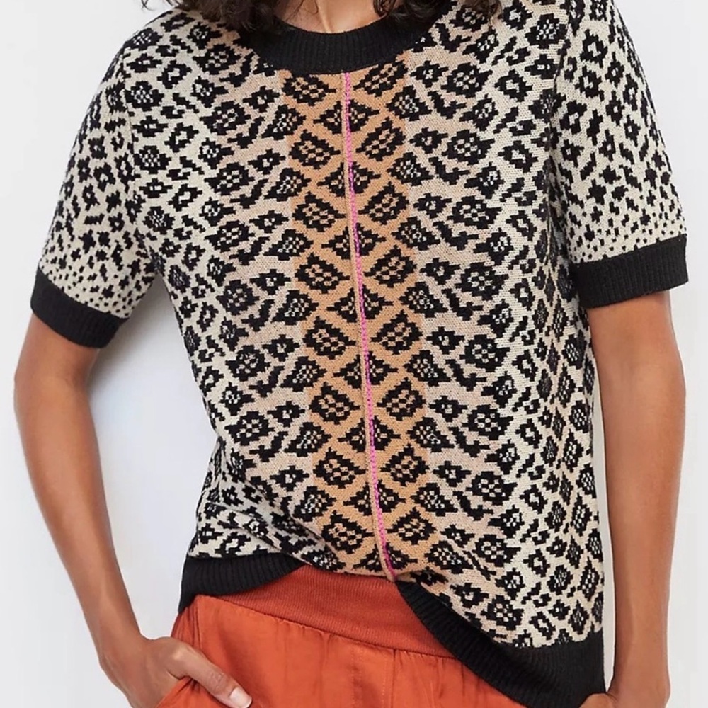 Maeve by Anthropologie Cashmere Wool Ellinor Leopard Short Sleeve Sweater XXSP